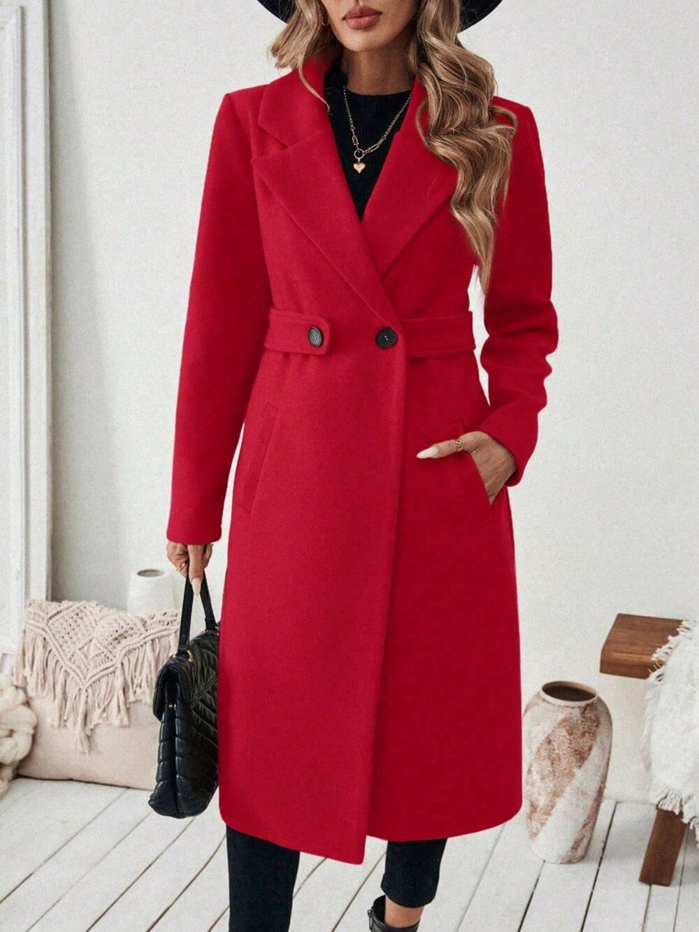 Red Casual Women's Lapel Cinched Waist Trench Coat